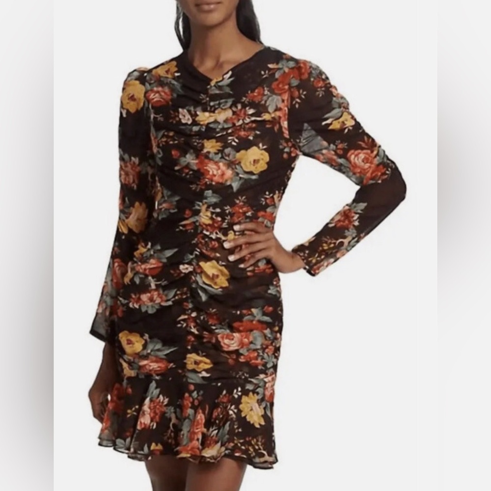 Veronica Beard Dark Floral Ruched Long-Sleeve Mini Dress